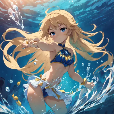 Menina sereia anime, sereia, menina brava, blonde girl, sereia, Water powers, with flowing blond hair, sombreamento estilo anime plano, mulher anime, personagem estilo anime, estilo anime plano, pose poderosa, cabelo loira, roupas de sereia, pose poderosa,...