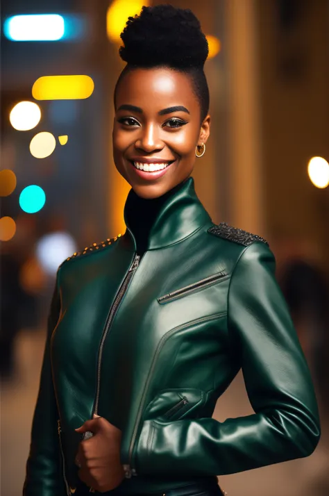 masterpiece, best quality,  a dark skinned black woman wearing a detailed green turtle neck sweater with an intricate black leather jacket with blue jeans at a street party at night, angular afro haircut, jacket off one shoulders, midriff, smile, teeth, in...