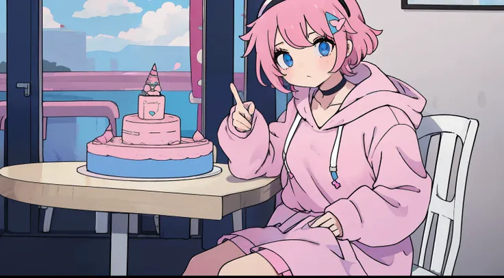 anime girl with short pink hair, hair clip, choker, blue eyes, pink hoodie, blue skirt, black legwear, white shoes, indoors, sitting in a chair, birthday hat, birth day cake in a table,