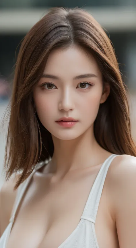 ((Best quality, 8k, Masterpiece :1.3)), Sharp focus :1.2, A pretty woman with perfect figure :1.4, Slender abs :1.2, ((Dark brown hair, Big breasts :1.2)), (Natural light, City street:1.1), Highly detailed face and skin texture, Detailed eyes, Double eyeli...