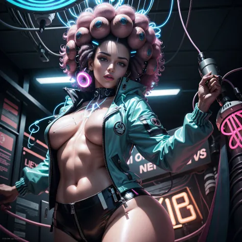 (Adult Spanish woman:1.1), looking to camera, (blue neon Jacket With Rivets:1.3), (rave fashion:1.5), (big afro hairstyle:1.6), (open zipper:1.2), (erotic:1.3), (sexy:1.3), (big digital bamus forest:1.5), white room (glowing neon lights:1.7), (dangling spr...