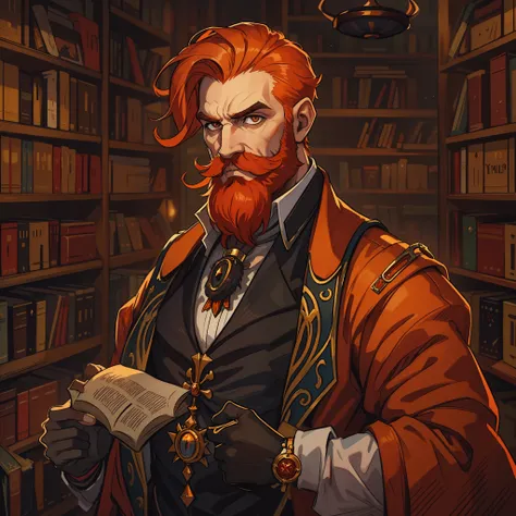 A man with a beard and orange red hair wearing a monocle in the middle of a library, he is the villain of an RPG is wearing elegant medieval clothes, as he is a rich and powerful man of the nobility, use dark tones, the image has to portray the essence of ...