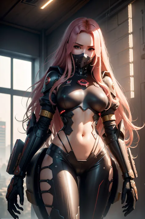 This is a CG Unity 8k wallpaper with ultra-detailed, high-resolution and top quality in cyberpunk style, dominado por preto e vermelho. Na foto, a beautiful girl with very long messy golden hair, um rosto delicado, wearing a steam mecha mask, standing on t...