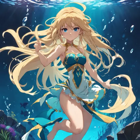 Menina sereia anime, sereia, menina brava, blonde girl, sereia, Water powers, with flowing blond hair, sombreamento estilo anime plano, mulher anime, personagem estilo anime, estilo anime plano, pose poderosa, cabelo loira, roupas de sereia, pose poderosa,...