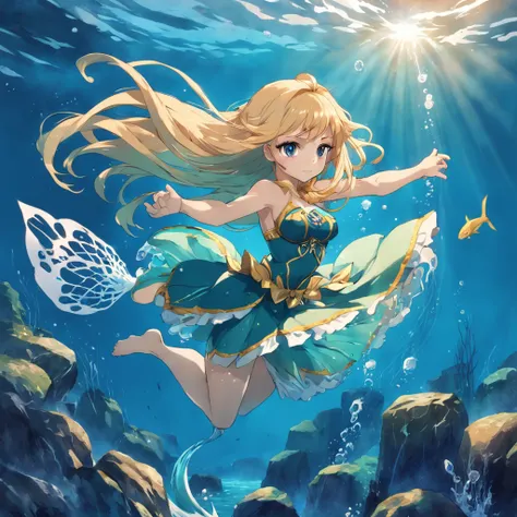 Menina sereia anime, sereia, menina brava, blonde girl, sereia, Water powers, with flowing blond hair, sombreamento estilo anime plano, mulher anime, personagem estilo anime, estilo anime plano, pose poderosa, cabelo loira, roupas de sereia, pose poderosa,...