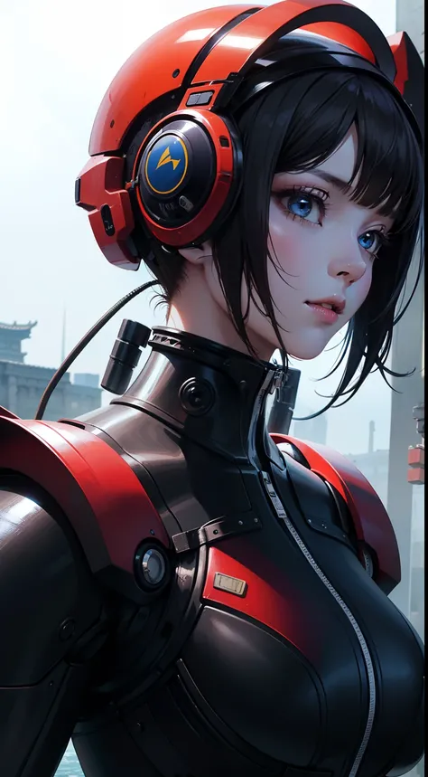 (close up on the girl:1.5),（ shitu-mecha：1.8），1 woman stands in front of a huge mecha, 1 woman (exquisite face, watery big eyes, heroic spirit, science fiction, leather clothing, warriors, complex clothing, bright colors), mecha, machinery, war, future, sc...