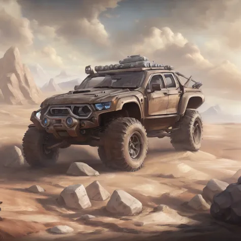 reimagine as oil painting. vehicle in the desert with rocks and rocks in the background, highly realistic concept art, 4 k concept art, 4k concept art, by Aleksander Gine, 8 k high detail concept art, anime art vehicle concept art, 3 d octane render concep...