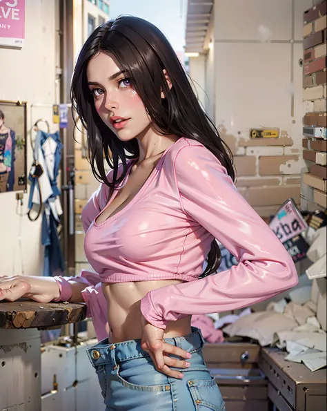 a close up of a woman in a pink top and jeans, violet myers, wearing a sexy cropped top, 2 4 year old female model, portrait of ...