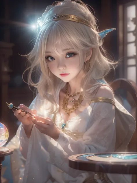 blonde woman sitting at table in golden white dress, tokusatsu heroine, mysterious woman,gemstones and hoop crowns,mystical neck...