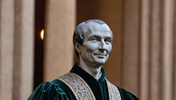 Niccolò Machiavelli in the right corner with a Machiavellian smile, background in flames