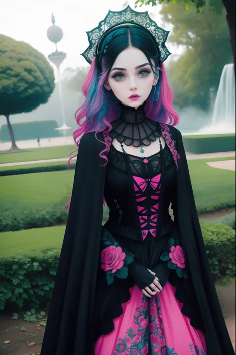 En un hermoso parque una mujer de aspecto moderno. It has a very colorful and striking kawaii gothic style.., con un maquillaje elegante y una peluca colorida.