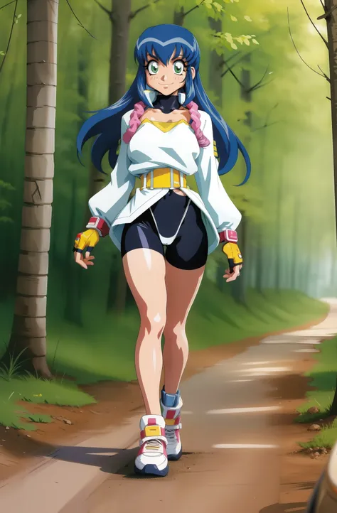 lime,spandex,green eyes,fingerless gloves,1990s (style),blue hair,retro artstyle,long hair,yellow bandana,bike shorts, full body, walking, forest,big breast