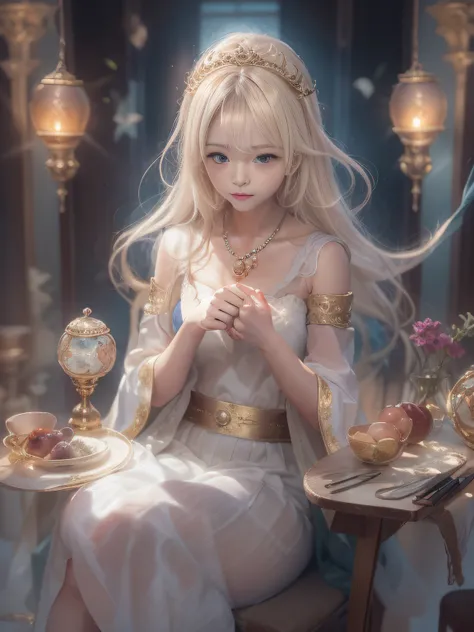 Blonde woman sitting at table in golden white dress, Tokusatsu Heroine, Mysterious Woman,Gemstones and Hoop Crowns,Mystical Necklace,White cloak,Mysteriously sparkling jewel bangles，He holds a mysterious wand in his left hand，Soft lighting, guweiz, artwork...