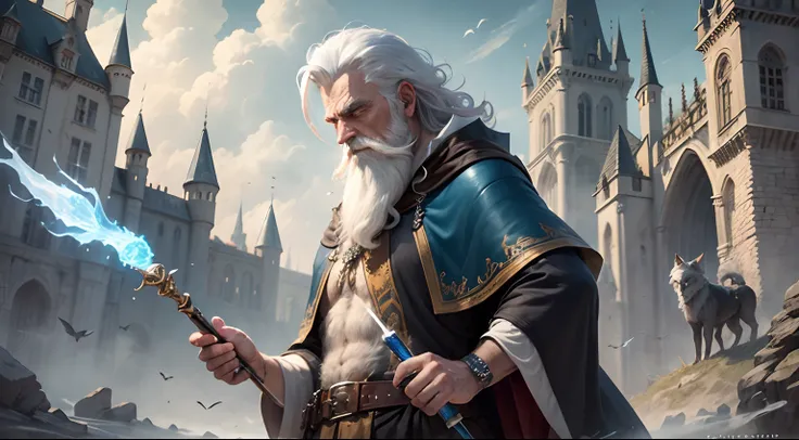 Artwork, (masterpiece), fantastic realism medieval castle in the background, wizard man, using beautiful magic wand detailed and with crystal tip, wizard with white beard, white hair and curly and fulfilled, black wolf, very detailed and hairy.