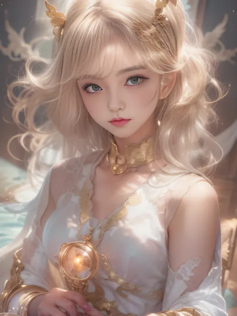 Blonde woman sitting at table in golden white dress, Tokusatsu Heroine, Mysterious Woman,Gemstones and Hoop Crowns,Mysteriously glowing necklace,White cloak,Mysteriously sparkling jewel bangles，He holds a mysterious wand in his left hand，Soft lighting, guw...