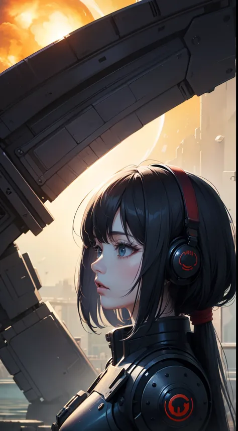 (close up on the girl:1.5),（ shitu-mecha：1.8），1 woman stands in front of a huge mecha, 1 woman (exquisite face, watery big eyes, heroic spirit, science fiction, leather clothing, warriors, complex clothing, bright colors), mecha, machinery, war, future, sc...