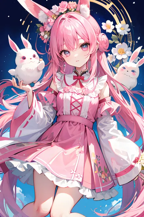 Girl vs、独奏、Long hair is loose and fluffy、rabbitears，A pink-haired、double tails、Flower garden、There are many flowers in the background、high-level image quality、Pink antique costumes，Short pink skirt、Pretty girl、Big eyes like a puppy、Ulurus eyes、Her eyes spa...