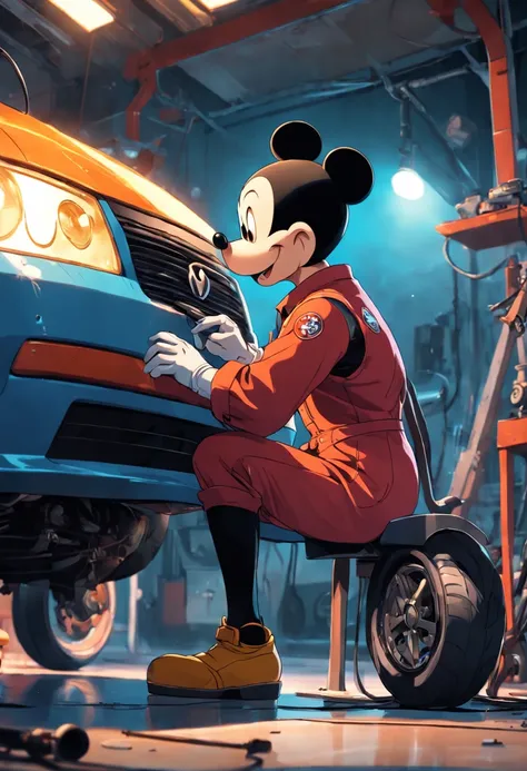 A masterpiece  Mickey Mouse as a Mechanic fixing a car, perfect body, perfect head,  HD