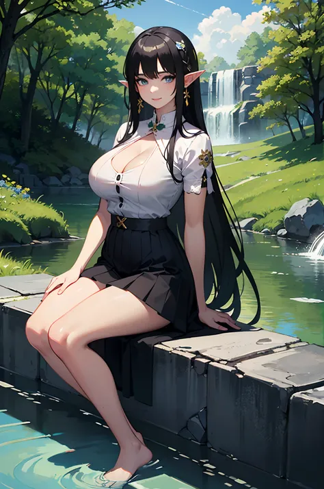 Big breasts, (best quality)), ((masterpiece)), (detailed), ((beautiful elf, solo, ethereal beauty)), fantasy illustration: 1.5), enchanting look, supernatural charm, mystical sky ((black hair, white streaks)) ((straight hair)) perfect eyes, has an extremel...