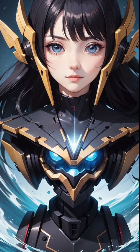 (close up on the girl:1.5),（ shitu-mecha：1.8），1 woman stands in front of a huge mecha, 1 woman (exquisite face, watery big eyes, heroic spirit, science fiction, leather clothing, warriors, complex clothing, bright colors), mecha, machinery, war, future, sc...