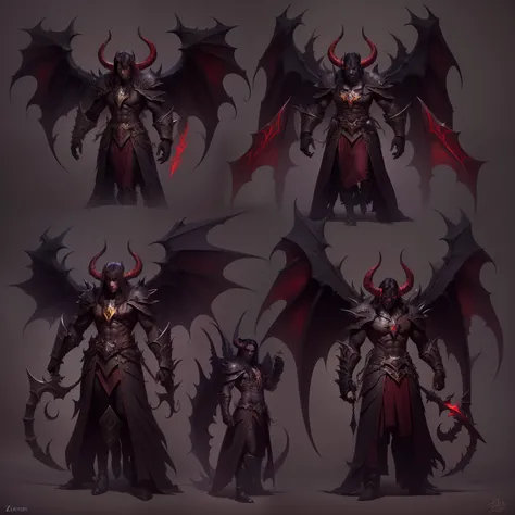 Démon king lord of the shadows  World of Warcraft,
(Demonic wings, cornes pointues:1.3,dark red skin),two blades of Azzinoth,dark eyes,sinistre, regard intense, background dark, volumettic light