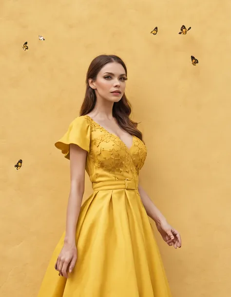 araffe woman in yellow dress standing in front of a wall with butterflies, a portrait inspired by national geographic, pexels contest winner, street art, yellow butterflies, butterflies, yellow clothes, butterfly, fine art fashion photography, harmony of b...