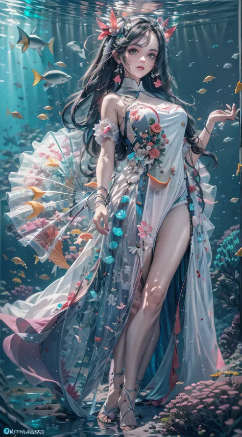 1girll,usando un vestido，Fancy dresses，Vestido complejo，dynamicposes，En el misterioso espacio submarino，Amazing aquatic creatures，con luz brillante，

absurdos,  Unbelievable ridicule,  Ultra detallado, A high resolution, extremadamente detallado,

Mejor ca...