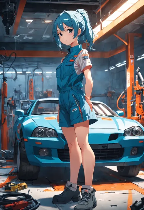 A masterpiece Mechanic girl fixing a car, perfect body, perfect head, wearing a mechanics overalls,  HD