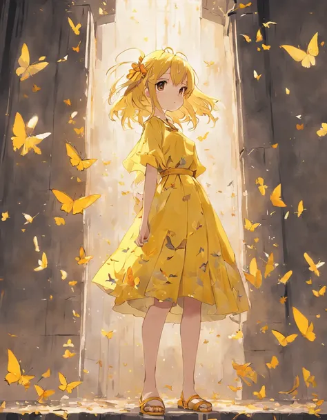 a portrait of a woman in a yellow dress standing next to a wall with painted butterflies on it, 1girl, bug, butterfly, solo, yellow footwear, skirt, wings