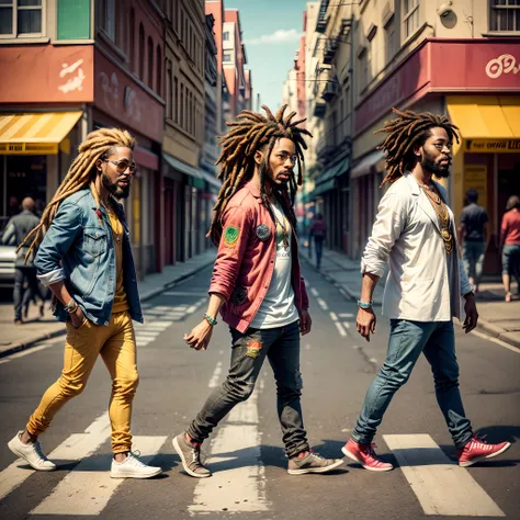 three rasta men, crossing the crosswalk, they have dreadlock hair, in the background the colors of reggae, high definition image, Beatles style, --auto --s2