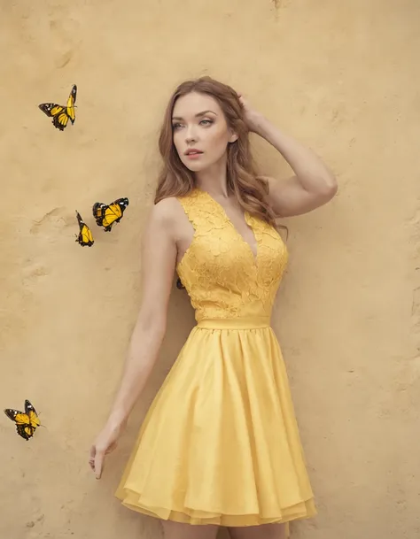 a portrait of a woman in a yellow dress standing next to a wall with painted butterflies on it, 1girl, bug, butterfly, solo, yellow footwear, skirt, wings