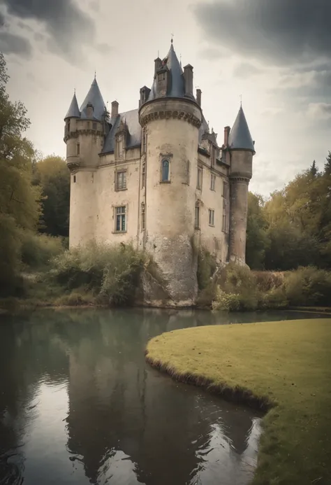 castle, Faits saillants naturels, couleurs vives, Realistic wide angle, Environnement mystique, realistic textures, realistic shading, centered, inked lines and watercolor, UHD, photo, 8k resolution, Sombre, Action dynamique, pale faded style, camera Holga...