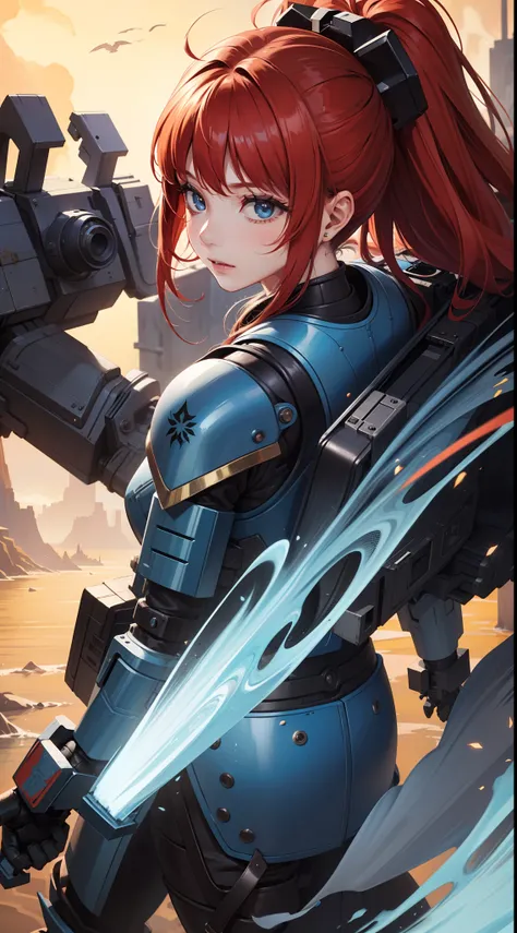 (close up on the girl:1.5),（Game of Armer core：1.8），1 woman stands in front of a huge mecha, 1 woman (exquisite face, watery big eyes, heroic spirit, science fiction, leather clothing, warriors, complex clothing, bright colors), mecha, machinery, war, futu...