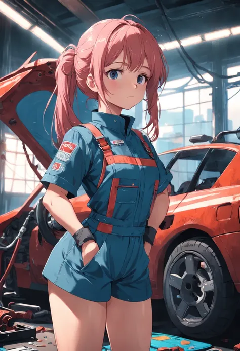 A masterpiece Mechanic girl fixing a car, perfect body, perfect head, wearing a mechanics overalls,  HD