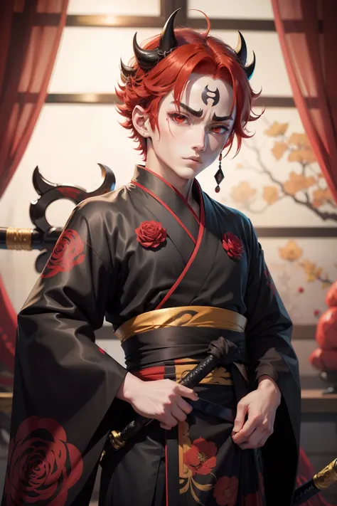 anime boy, red hair, 6 eyes oni Kimetsu no Yaiba, black kimono, Yellow Sword whit a rose guard