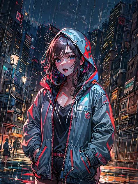 8 k resolution、((highest qualityr))、((obra maestra))、((Ultra-detallado))、1 mujer、solo、incredibly absurd、Oversized hoodies、auriculares、calle、Al aire libre、Lluvia por la noche、Neones、Corte de pelo、Ojos de colores brillantes、Manos en los bolsillos、pantalones ...