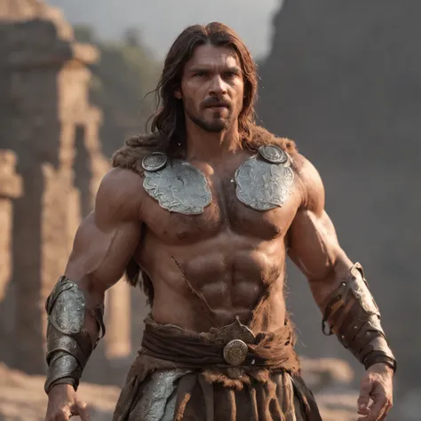 (Professional 3D rendering:1.3) de (Realistic:1.3) Foto de arte mais bonita do mundo，Features soft, bright male heroes, ((Epic hero fantasy rough muscular man wet hero angry look long hair short beard and fierce expression in dynamic pose, fantastic locati...