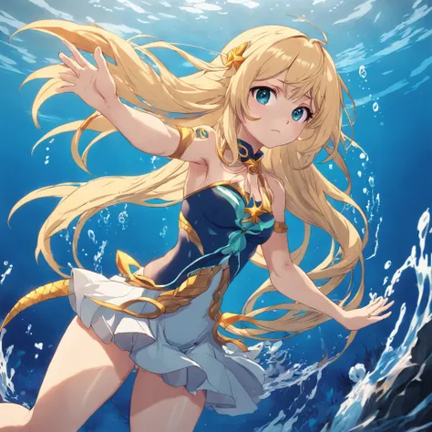 Menina sereia anime, sereia, menina brava, blonde girl, sereia, Water powers, with flowing blond hair, sombreamento estilo anime plano, mulher anime, personagem estilo anime, estilo anime plano, pose poderosa, cabelo loira, roupas de sereia, pose poderosa,...