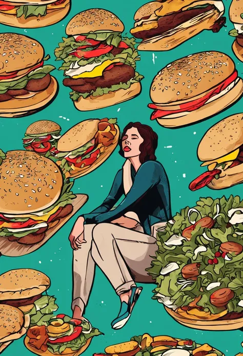 "Crie uma imagem que capture a realidade: uma mulher, sad expression, while trying to pick a salad amid a tempting selection of burgers and pizza."