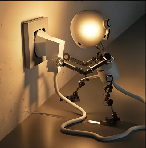 Theres a robot thats connected to a wall, electricity, lamp, holding electricity, electrical, lamp, electric power, lights out, provoking thought, emerging from a lamp, electric, a vertical lamp, the idea, creative lighting, lamps, electrifying, thought-pr...