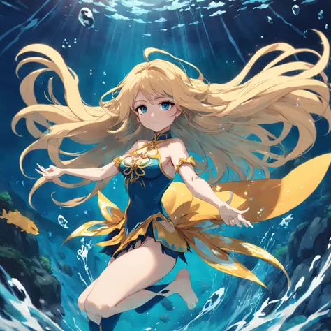 Menina sereia anime, sereia, menina brava, blonde girl, sereia, Water powers, with flowing blond hair, sombreamento estilo anime plano, mulher anime, personagem estilo anime, estilo anime plano, pose poderosa, cabelo loira, roupas de sereia, pose poderosa,...