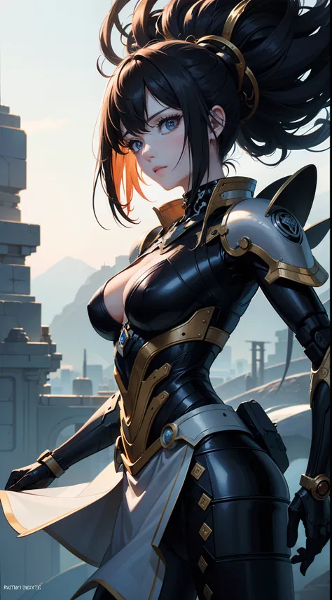 (close up on the girl:1.5),（Game of Armer core：1.8），1 woman stands in front of a huge mecha, 1 woman (exquisite face, watery big eyes, heroic spirit, science fiction, leather clothing, warriors, complex clothing, bright colors), mecha, machinery, war, futu...