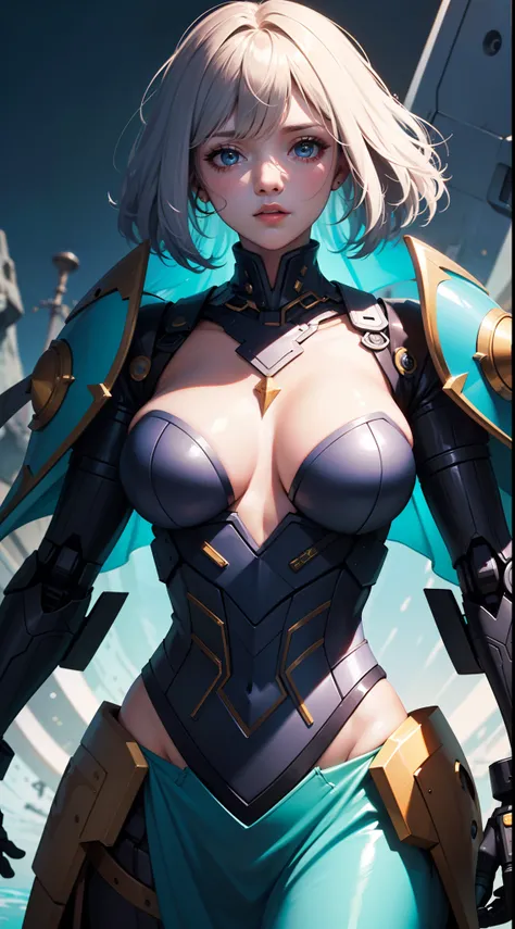 (close up on the girl:1.5),（Game of Armer core：1.8），1 woman stands in front of a huge mecha, 1 woman (exquisite face, watery big eyes, heroic spirit, science fiction, leather clothing, warriors, complex clothing, bright colors), mecha, machinery, war, futu...