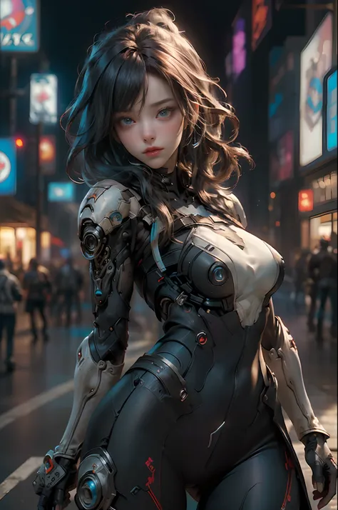 ((Best quality)), ((masterpiece)), (detailed:1.4), photograph of a beautiful cyberpunk female, (wearing smooth organic tech armor), (long shapeless hair), big breasts, (cowboy shot), (dynamic pose), (Depth-of-field), (cyberpunk city background), Maximum cl...