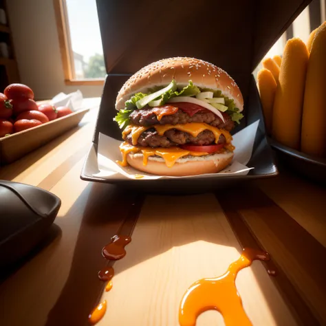 In the dim light of a well-lit photography studio, A magnificent scene unfolds. A handmade burger hangs in the air, captured at the height of his juicy perfection. The backdrop is an endless black screen that dissolves into nothing, Focusing all attention ...