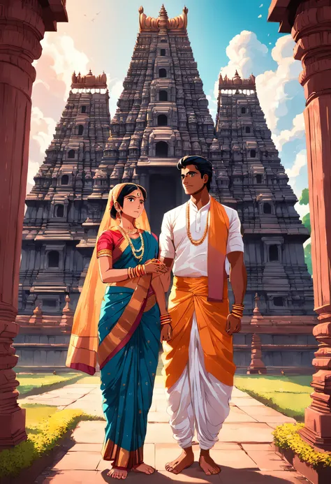 Traditional South Indian married couple in front of a magnificent Hindu temple.