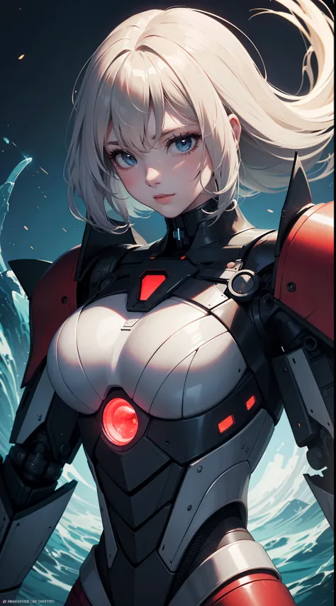 (close up on the girl:1.5),（Game of Armer core：1.8），1 woman stands in front of a huge mecha, 1 woman (exquisite face, watery big eyes, heroic spirit, science fiction, leather clothing, warriors, complex clothing, bright colors), mecha, machinery, war, futu...