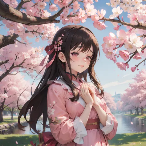 Girl under the cherry blossom tree，Pink antique costumes，Put your hands together and pray with tears