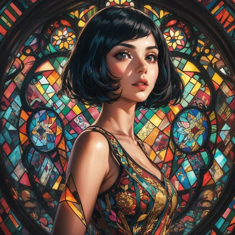 Stained glass style art of full body portrait of beautiful girl with black hair bob cut in costume with deep slit、colourfull、Photorealsitic、highcontrast、Highly detailed background，Realistic，ultra-detailliert，super detailed skin，light glow，Film grain，Expro ...