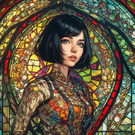 Stained glass style art of full body portrait of beautiful girl with black hair bob cut in costume with deep slit、colourfull、Photorealsitic、highcontrast、Highly detailed background，Realistic，ultra-detailliert，super detailed skin，light glow，Film grain，Expro ...